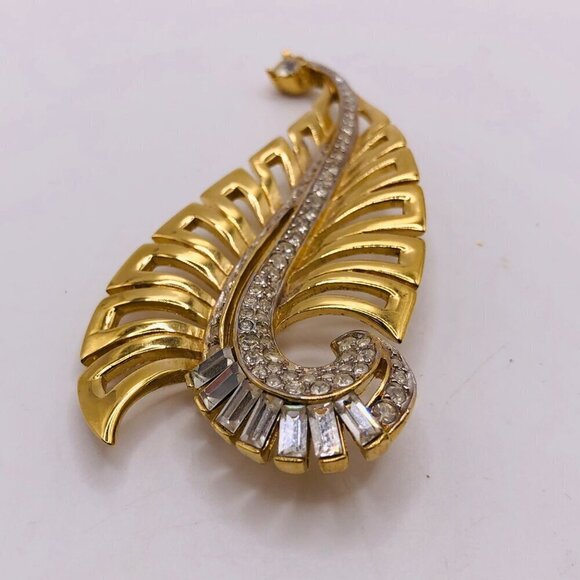 Vintage Nina Ricci Brooch Rhinestones Gold Tone Leaf 3" Classic Collectible - Picture 4 of 8